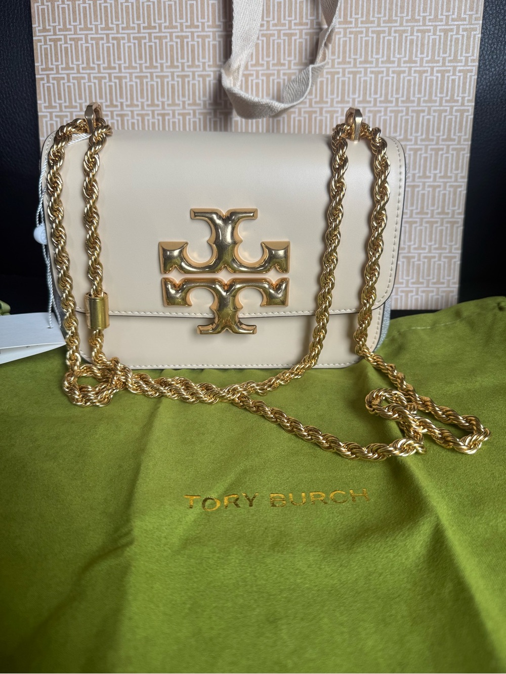 Tory Burch Cream Leather Crossbody with Gold Logo Chain - Picture 2 of 10